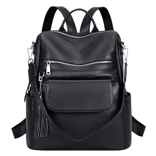 ALTOSY Genuine Leather Backpack Purse for Women Large Convertible Shoulder bag Ladies Crossdody Bag with Tassel - color: Black