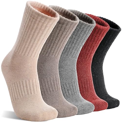 MOGGEI 5 Pairs Womens Merino Wool Socks Hiking Warm Winter Thick Thermal Crew Cozy Cabin Ladies Gift Comfy Boot Work Socks - color: Black/Grey/Light Coffee/Caramel/Beige