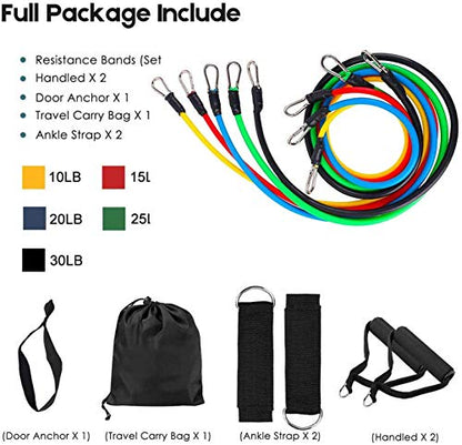 11 Pack Resistance Bands Set,Including 5 Stackable Exercise Bands with Door Anchor,2 Foam Handle,2 Metal Foot Ring & Carrying Case - Home Workouts,Physical Therapy,Gym Training