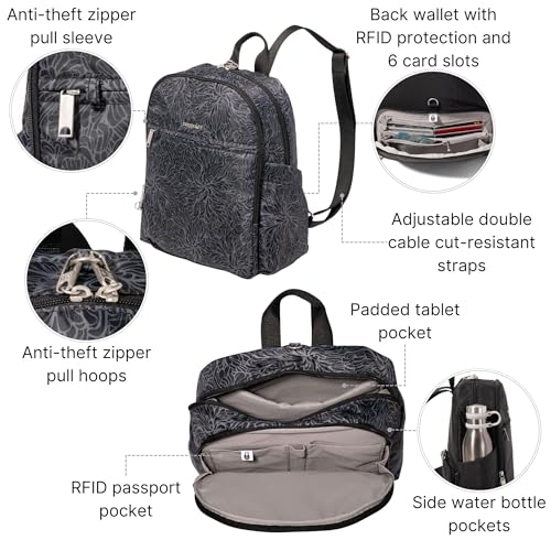 Securtex Anti-Theft Getaway Backpack - 9.4"x13"x5" Travel Safe Bag w/Locking Zippers, Slash-Resistant, RFID - color: Midnight Blossom Print