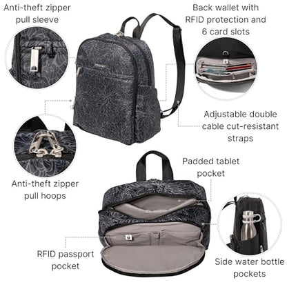 Securtex Anti-Theft Getaway Backpack - 9.4"x13"x5" Travel Safe Bag w/Locking Zippers, Slash-Resistant, RFID - color: Midnight Blossom Print