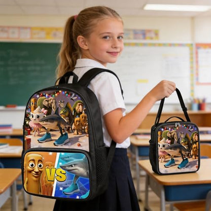 Zhazieon Adjustable Rucksack Lunch Bag Pencil Case Tung Tung Tung Sahur Backpacks 3pcs Set (Black-C3) - color: Black-c3