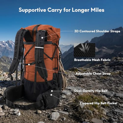 Haimont 40L+15L Roll-Top Backpacking Pack with Rain Cover, Orange | Expandable 55L, Hip Belt Support, Sleeping Pad Carry, Pole Attachments, YKK & Duraflex - color: Orange