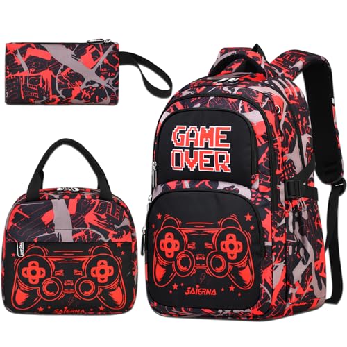 3PCS Kids Backpack Set, School Backpack with Lunch Bag & Pencil Case, Lightweight Waterproof Bookbag for Kids (Gamer Red) - color: Gamer Red