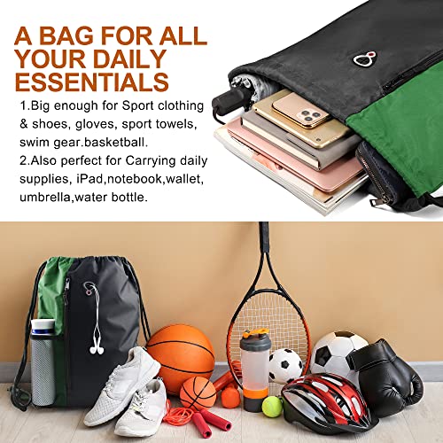 BeeGreen Green Drawstring Bag Sports Gym Backpack for Women Men Large Cinch Sackpack Day Pack with Zipper and Water Bottle Mesh Pockets (Black/Green) - color: Black/Green, style: Drawstring With Mesh Pocket