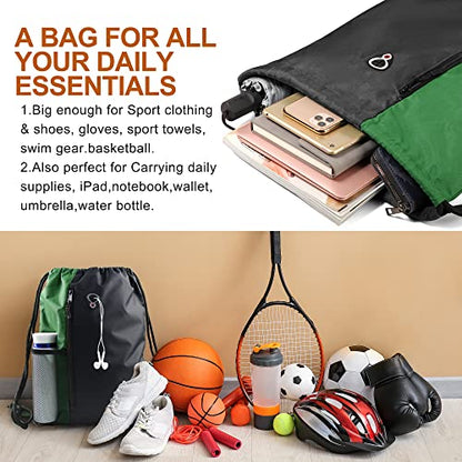 BeeGreen Green Drawstring Bag Sports Gym Backpack for Women Men Large Cinch Sackpack Day Pack with Zipper and Water Bottle Mesh Pockets (Black/Green) - color: Black/Green, style: Drawstring With Mesh Pocket