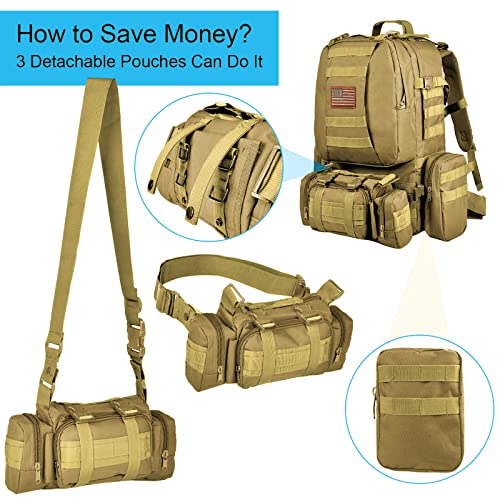 CVLIFE Tactical Backpack Military Army Rucksack 60L Large Assault Pack Detachable Molle Bag - color: Tan