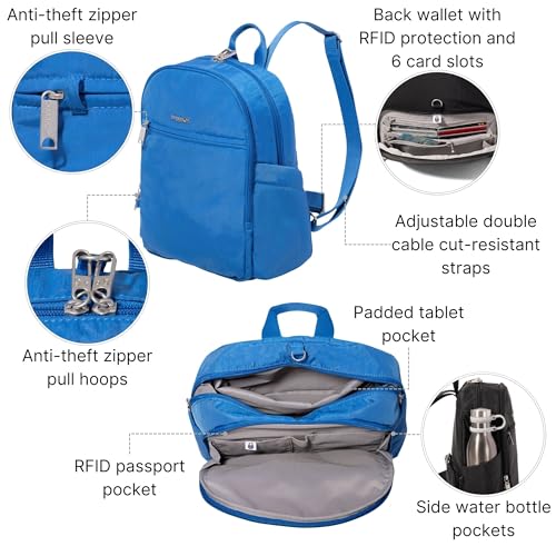 Securtex Anti-Theft Getaway Backpack - 9.4"x13"x5" Travel Safe Bag w/Locking Zippers, Slash-Resistant, RFID - color: Lapis