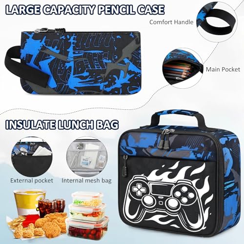 School Backpack for Boys - 4pcs Gamer Boys Backpack with Lunch Box Set for Kids Teens Elementary Middle High School,18″ Large Capacity Students Bookbag with Usb Charging Port & Key-chain - color: Game003-set