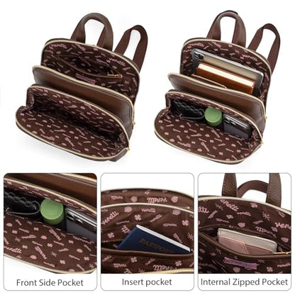 Venetti Cityscape Illustration Mini Backpack for Women and Girls, Cute Small Backpack Purse with Multi-Pocket and Zipper, Light Print Shoulder Bag Leather for Travel Daily Use VN-HB-001-BR - color: Brown