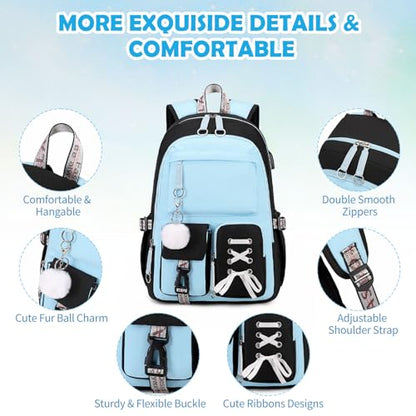 ACESAK Backpacks for Girls, Girls Backpack with Lunch Box and Pencil Case for Teen Kids Elementary Middle High School College Student, Children Backpack Bookbag with USB Charging Port (Blue) - color: Black & Blue