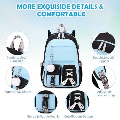 ACESAK Backpacks for Girls, Girls Backpack with Lunch Box and Pencil Case for Teen Kids Elementary Middle High School College Student, Children Backpack Bookbag with USB Charging Port (Blue) - color: Black & Blue