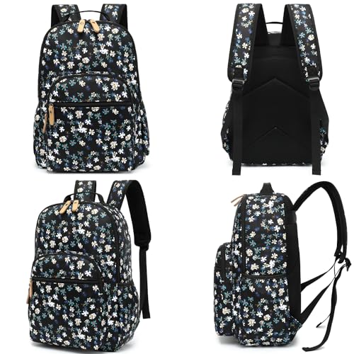 Leaper Water-resistant Floral Laptop Backpack Women Travel Bag Bookbags Satchel (Dark Blue-White Flower2) - color: Dark Blue-white Flower2, size: Large