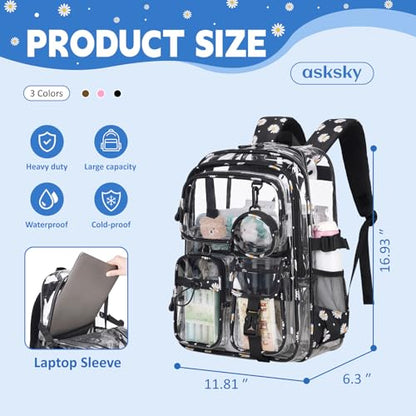Clear Backpacks for Stadium Events Heavy Duty Clear Bookbag for School Girls Transparent Back Pack, Black - color: Black Daisy