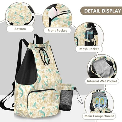 Yuiboo Retro Pattern Drawstring Backpack for Swim Sports Gym Bag with Water Bottle Holder Cinch Back Sack Waterproof