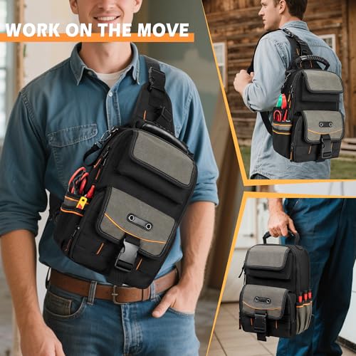 Electrician Tool Pouch Bag, Zippered HVAC Tool Organizer with Ergonomic Handle and Shoulder Strap for Maintenance Repair Technicians, Black (Patent Pending) - color: Black
