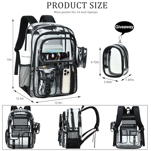 Clear Backpack for School,18 Inch Extra Large Heavy Duty Bookbag for Girls and Boys,Durable See Through PVC Transparent School Backpack for Travel(Black) - color: Black