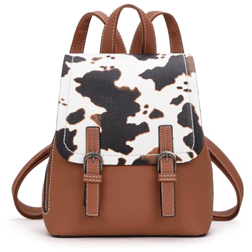 Montana West Brown Cow Print Small Backpack for Women Vegan Leather Mini Womens Backpack Purse Cute Convertible Shoulder Bag - color: Brown Cow Print