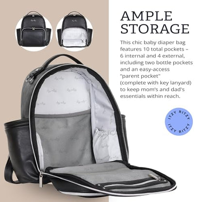 Itzy Ritzy Mini Diaper Bag Backpack – Chic, Compact Mini Plus Backpack with Changing Pad, 10 Pockets (6 Internal, 4 External), Grab-Top Handle & Rubber Feet (Black w/Silver Hardware) - color: Black With Silver Hardware - Plus