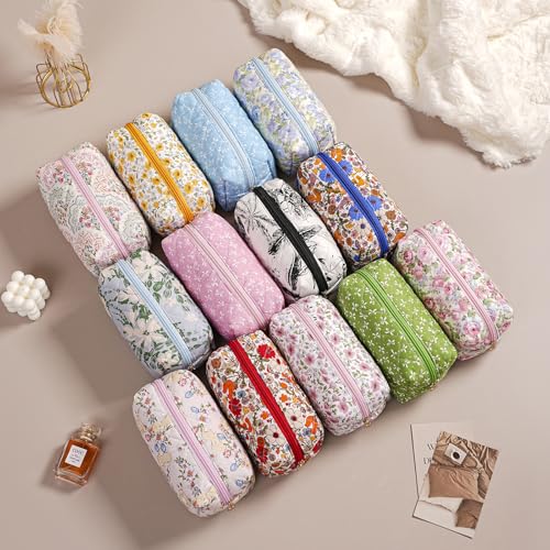 Cute Floral Makeup Bag Small Cotton Quilted Cosmetic Bag, Aesthetic Essential Bag Emergency Bag Gift for Women Girls Travel Accessories (Pink Big Flowers) - color: Pink Big Flowers
