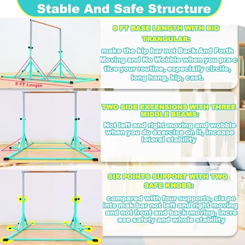 Marfula Gymnastic Bar For Kid and Teenage of 3-25, 5Ft/8 FT Base Length 4Ft Width 5Ft Adjust Height, Gymnastic Kip Bar For Gymnast, Gymnastic Training Equipment For Professional Training Home Club Use - color: Teal (Bar with Mat - 8Ft Base)