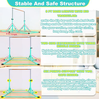 Marfula Gymnastic Bar For Kid and Teenage of 3-25, 5Ft/8 FT Base Length 4Ft Width 5Ft Adjust Height, Gymnastic Kip Bar For Gymnast, Gymnastic Training Equipment For Professional Training Home Club Use - color: Teal (Bar with Mat - 8Ft Base)