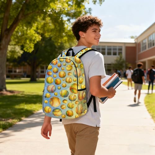 Softball Backpack for Kids & Youth, 16 Inch Tennis-Themed School Bookbag, Lightweight Polyester Daypack with Front Zip Pocket, Side Bottle Pocket, Padded Adjustable Straps, Unisex - color: Softball