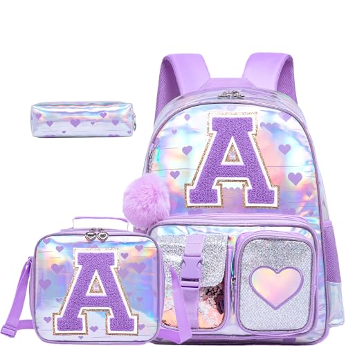 Meetbelify Backpack for Girls Letter Backpacks for Elementary Student Teen Girls Cute School Bag Kids Bookbag for Kids 8-10 - color: Initial a Purple