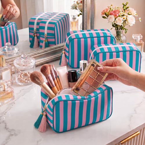 Kacctyen 6 Pack Blue and Pink Striped Makeup Bag bulk with Tassel Travel Cosmetic Pouch Organizer Large Zipper Toiletry Case for Women Aesthetic Storage Pouch Mahjong Tile Bag - color: Blue and Pink
