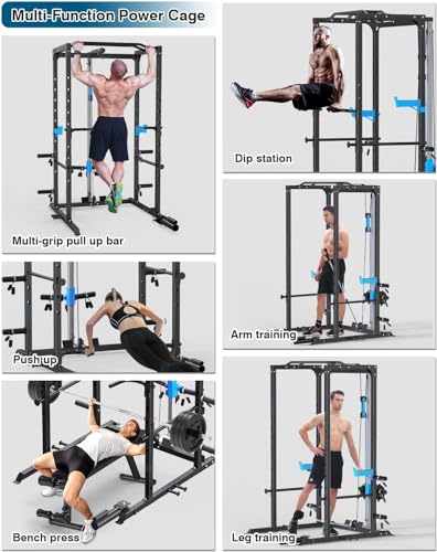 ULTRA FUEGO Power Cage, Multi-Functional Power Rack with J-Hooks, Dip Handles, Landmine Attachment and Optional Cable Pulley System for Home Gym - size: 150LB Weights Package+Flat Bench