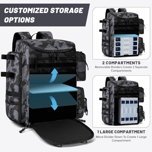 40L Fishing Backpack Water Resistant Fishing Tackle Bag with 2 Rod Holders, Tackle Storage Bag for Anglers（Black camo,Bag Only - color: Black Camo