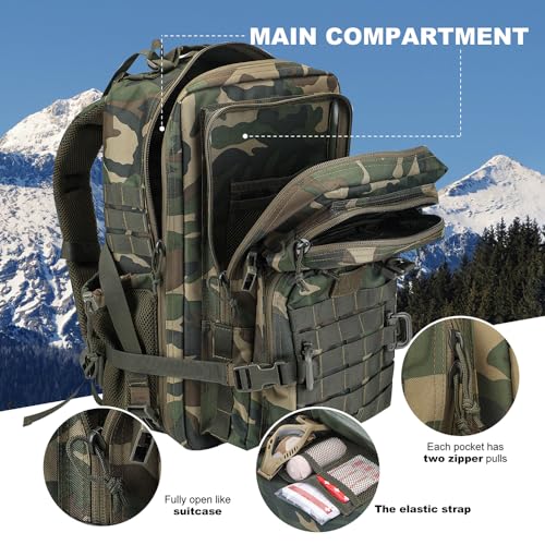 Hannibal Tactical 45L MOLLE Assault Backpack, Tactical Backpack Military Army Camping Rucksack with Bottle Holder, 3-Day Pack Trip w/USA Flag Patch, D-Rings, US Woodland - color: Us Woodland, size: 45L