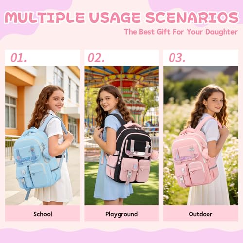 MUSEVOS Girls Backpack, Kids Backpack for Girls, School Bookbag for Teens Age 6-15, Large Capacity Water Resistant Backpack for Elementary to High School, Cute Travel Daypack, Pink - color: Pink