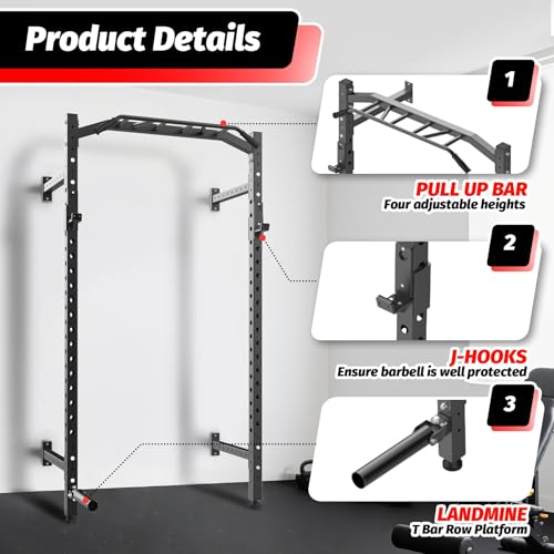 GAOMON Commercial Wall Mounted Squat Rack, Heavy Duty Carbon Steel Home Gym Equipment with Multi-Grip Pull Up Bar, j-Cups & Landmine Attachment for Home and Garage Gym, Black