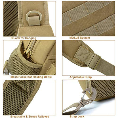 BraveHawk OUTDOORS Sling Chest Bag, 900D Nylon Tactical MOLLE Compact Crossbody Hiking Cycling Pack - color: Khaki
