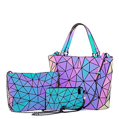 LOVEVOOK Geometric Luminous Purses and Handbags for Women Holographic Reflective Crossbody Bag Wallet - color: Handbag + Crossbody Bags + Wallet
