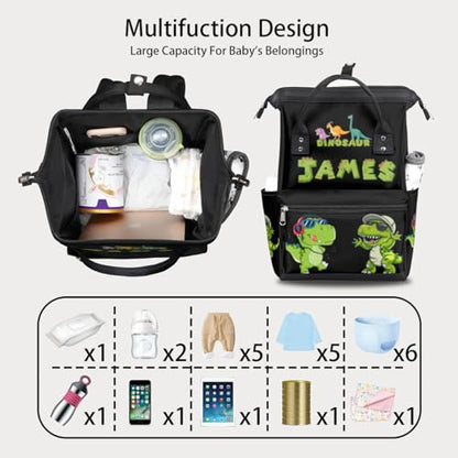 Personalized Dinosaur-Diaper-Backpack Custom-Diaper-Bag with-Name for Mom Dad Waterproof Baby Boy Nappy-Bag Black Mommy-Backpack - color: Black