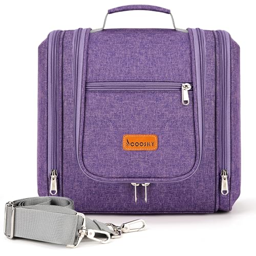 COOSKY Hanging Travel Toiletry Bag for Women and Men, 6 Organizer Compartments, Large Toiletries essentials, Bathroom Cosmetic Accessories, Water-resistant Makeup Bag, Holds Full-Size Shampoo, Purple - color: F - Purple, size: Large