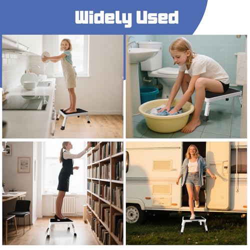 Adjustable Height Foldable Step Stool - 3 Levels Heavy Duty Metal Portable RV Step with Non-Slip Feet, Collapsible Small Foot Stool for Home, Kitchen, Trip, Patio, Picnic, (White) - size: 7.9 In Height
