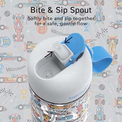 Bentgo Kids Water Bottle - Leak-Proof, Durable Tritan PFAS- & BPA-Free 15 fl oz, Kids/Toddlers Ages 3+ for School & Sports; Bite & Sip Spout, Carrying Handle, Dishwasher Safe (NEW Race Cars) - color: Race Cars