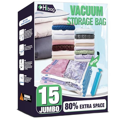 HIBAG 15 Jumbo Vacuum Seal Bags for Clothing, Vacuum Storage Bags for Clothes, Comforters, Blankets, Bedding (15J) - size: 15-Jumbo