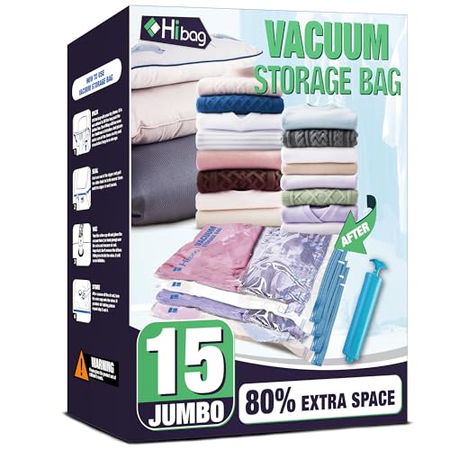 HIBAG 15 Jumbo Vacuum Seal Bags for Clothing, Vacuum Storage Bags for Clothes, Comforters, Blankets, Bedding (15J) - size: 15-Jumbo