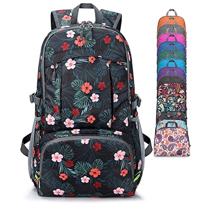 G4Free 40L Lightweight Packable Hiking Backpack, Waterproof Travel Daypack - color: Black Base Floral