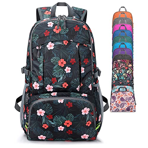 G4Free 40L Lightweight Packable Hiking Backpack, Waterproof Travel Daypack - color: Black Base Floral