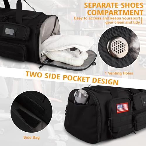 Expandable Gym Bag For Men,Tactical Large 3 in 1 Sports Duffle Bag With Shoes Compartment,Water Resistant Sports Gym Tote Bags Multi-functional Weekend Travel Backpack Overnight Bag - color: Black