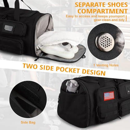 Expandable Gym Bag For Men,Tactical Large 3 in 1 Sports Duffle Bag With Shoes Compartment,Water Resistant Sports Gym Tote Bags Multi-functional Weekend Travel Backpack Overnight Bag - color: Black
