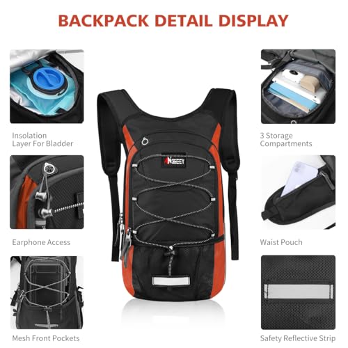 Hydration Pack, Insulated Hydration Backpack with 2L Hydration Bladder, Hiking Backpack for Men Women Kids, Water Backpack for Hiking, Running, Cycling, Camping - color: Black Orange