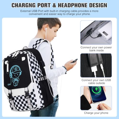 Bevalsa Backpack for Boys, Cool Luminous Boys Backpack with Sling Bag, Lunch Box & Pen Case, School Bags for Kids Children Teens Elementary Middle Schools, Bookbag Glow In The Dark (Checkerboard) - color: Checkerboard
