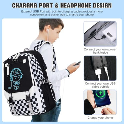 Bevalsa Backpack for Boys, Cool Luminous Boys Backpack with Sling Bag, Lunch Box & Pen Case, School Bags for Kids Children Teens Elementary Middle Schools, Bookbag Glow In The Dark (Checkerboard) - color: Checkerboard