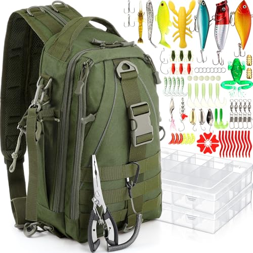 RoundFunny 85 Pcs Fishing Backpack with Tackle Boxes, Tackle Sling Bag with Rod Holder, Fish Lures and Pliers, Fish Tools Gears & Equipment Father's Day Fishing Gift for Dad Men - color: Army Green
